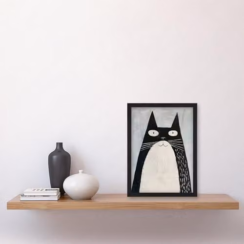 Artery8 Tuxedo Cat Framed Wall Art Print, Black and White Illustration, A4 – 4