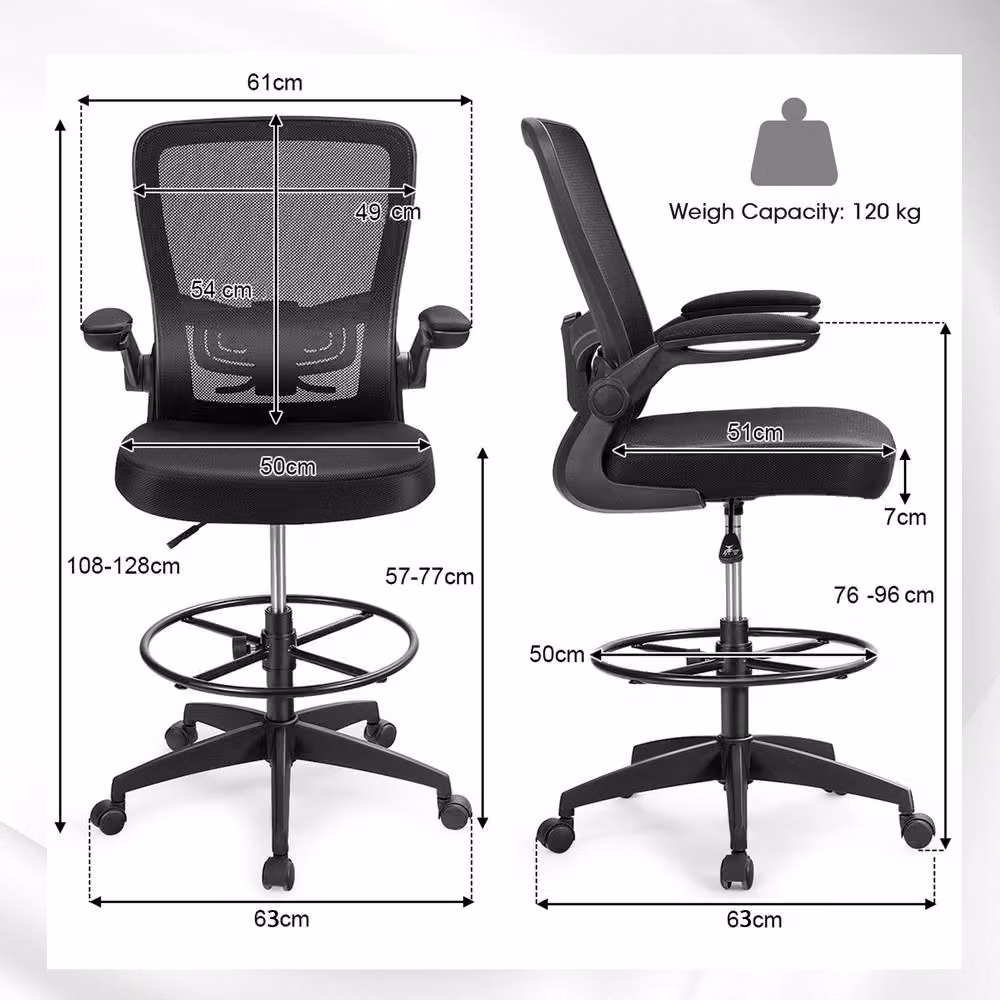 Gymax Ergonomic Black Mesh Drafting Chair with Flip-up Armrests and Swivel Base – 4