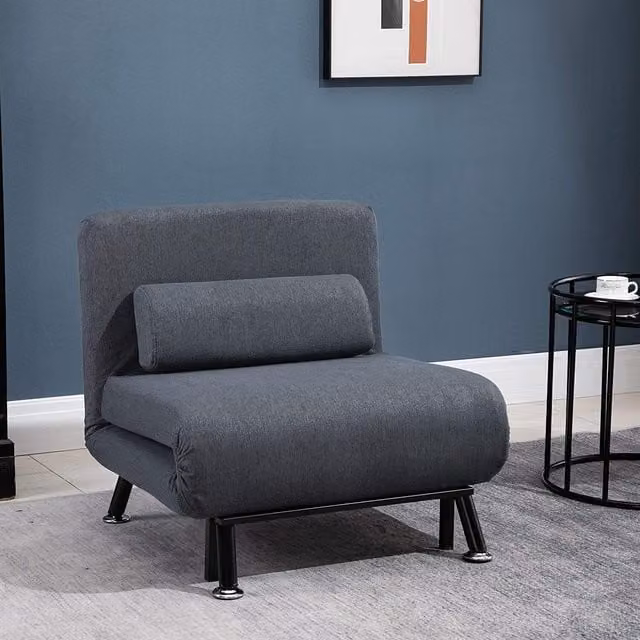 HOMCOM Modern 3-in-1 Single Sofa Bed Sleeper with Metal Frame and Fabric Upholstery in Black and Grey