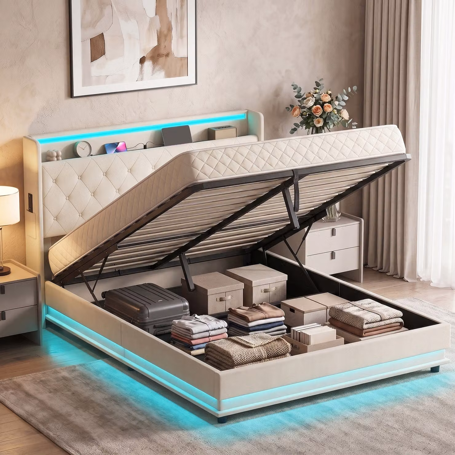 HOMCOM King Size Bed Frame in White with Hydraulic Storage, LED Lights, USB Charging Port and Headboard – 2