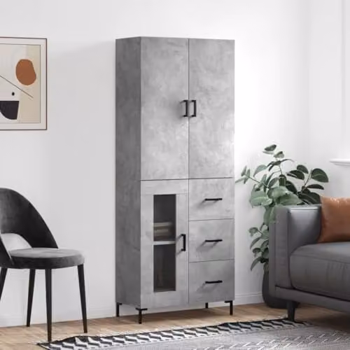 vidaXL Modern Highboard in Concrete Grey with Glass Doors and Drawers, W/D/H: 69.5 x 34 x 180 cm – 2