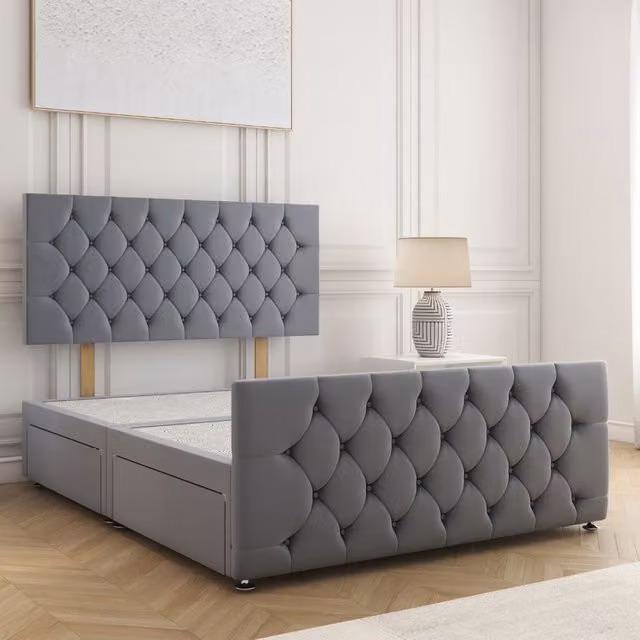 BSSPOKE Maya Velvet Divan Bed with 24 inch Headboard and 2 Drawers, Charcoal Grey, W/D/H: 90 x 190 x 30.48 cm