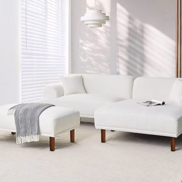 Wyld and Coco White Bouclé Rectangular Ottoman with Wood Frame