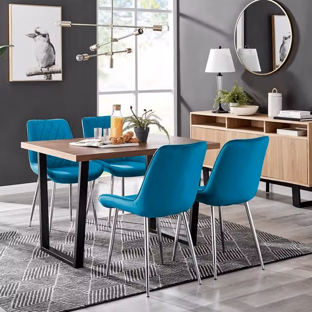 FurnitureboxUK Kylo Brown Wood Effect Dining Table with 4 Blue Pesaro Silver Leg Chairs