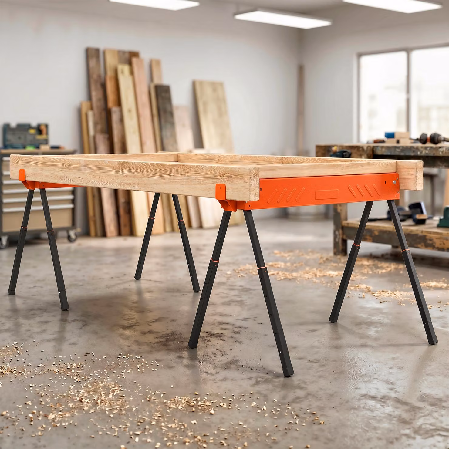 HOMCOM Twin Pack of Folding Orange Saw Horses with Height Adjustable Legs and 2x4 Bracket – 2