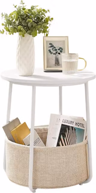 Furnold Side Table with Removable and Washable Storage Basket in Beige and White