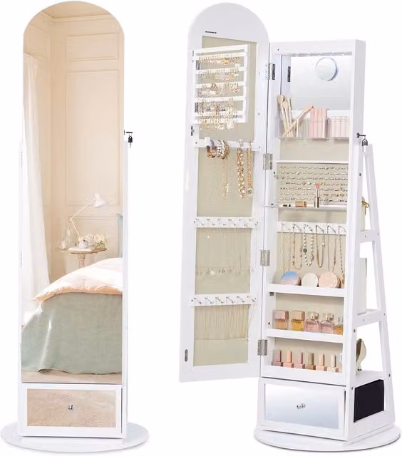 SONGMICS Minimalist Glossy White Jewellery Cabinet with LED Lighting and Magnifying Insert