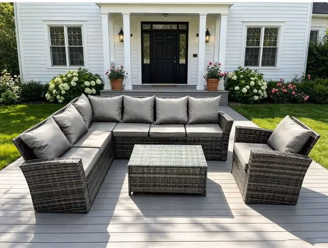 Fimous Classic High Back Rattan Corner Sofa Set with Coffee Table and Extra Chair in Dark Grey Mixed