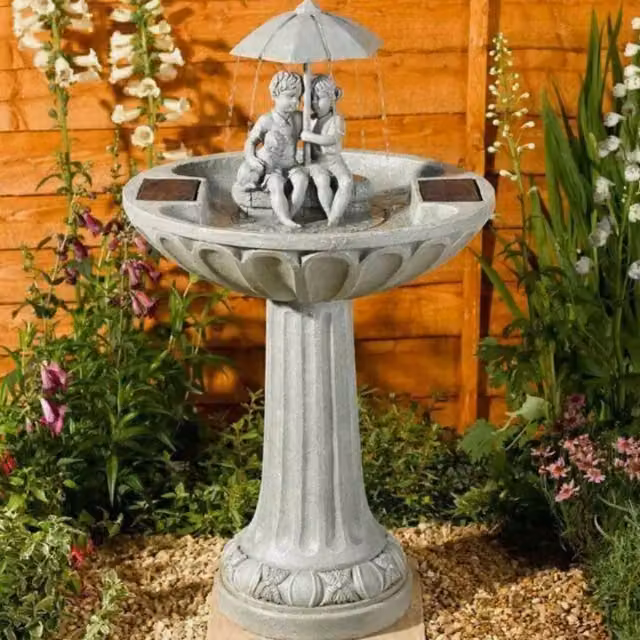 Garden Mile Solar Powered Round Stone Water Feature with Umbrella in Grey