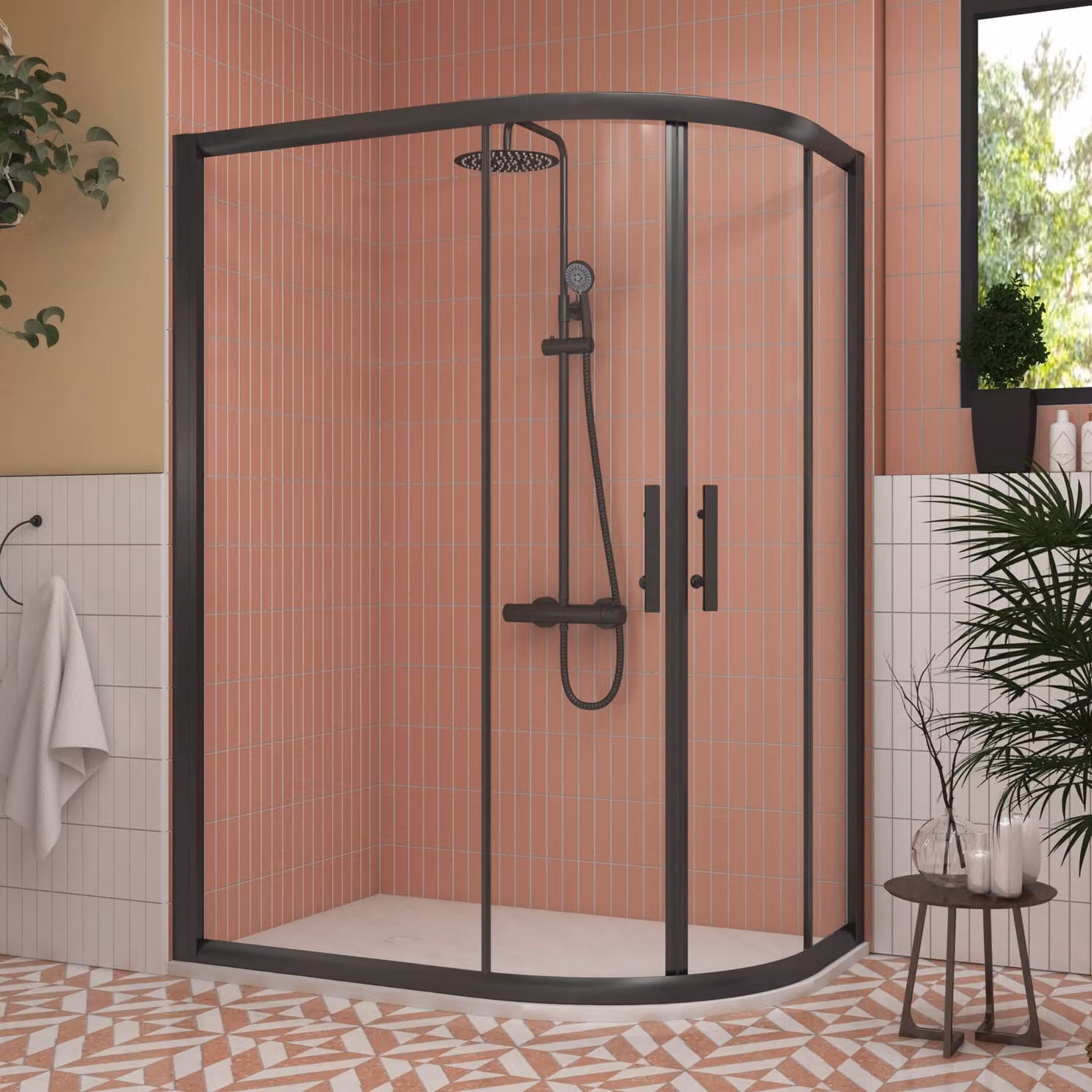 Royal Bathrooms Milan Matt Black Offset Quadrant Shower Enclosure with White Mineral Cast Shower Tray, W: 120 cm, D: 80 cm, 6mm Double Sliding Door