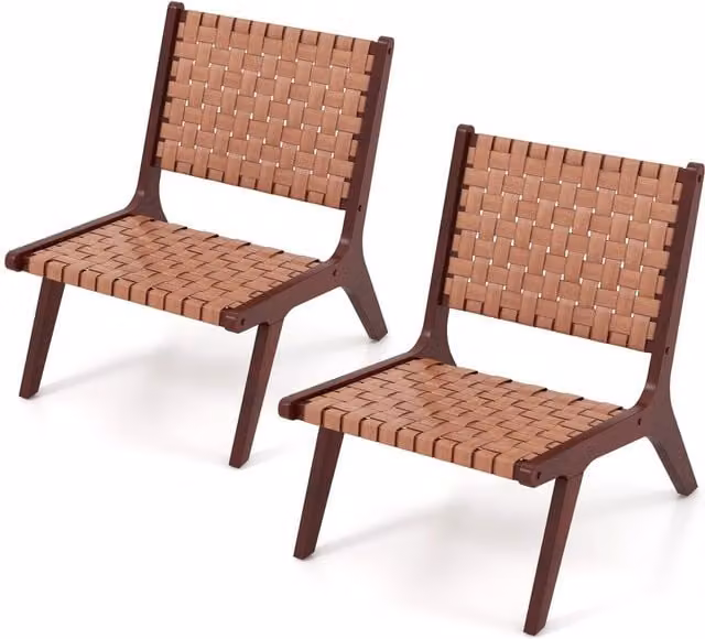 Costway Set of 2 Mid-Century Modern Woven Synthetic Leather Accent Chairs with Solid Rubberwood Frame in Brown – 1
