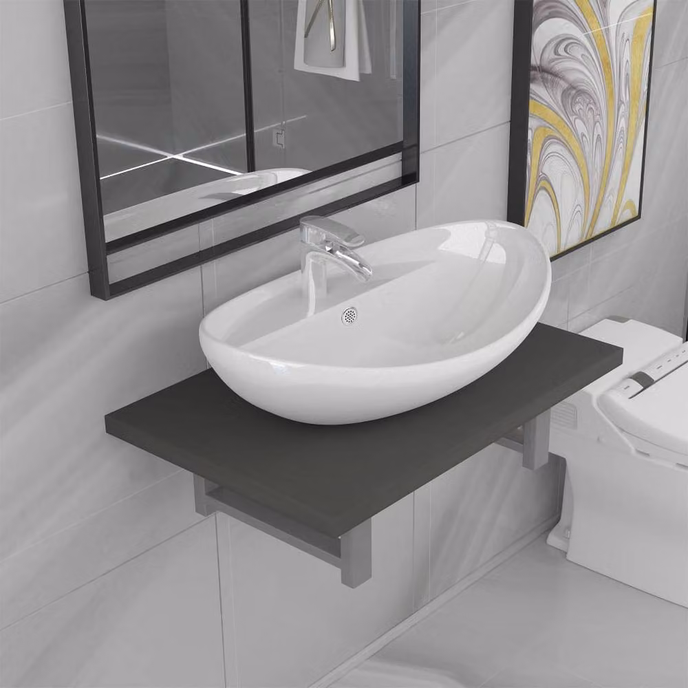 Berkfield Home Two Piece Wall Mounted Bathroom Furniture Set in Grey and White Ceramic – 1