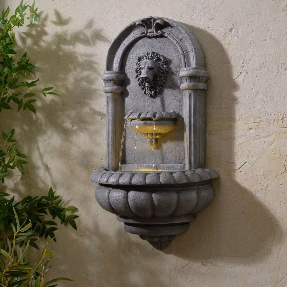 Teamson Home Lion Head Wall-Mounted Garden Fountain with LED Lighting in Grey Natural Stone Style – 3