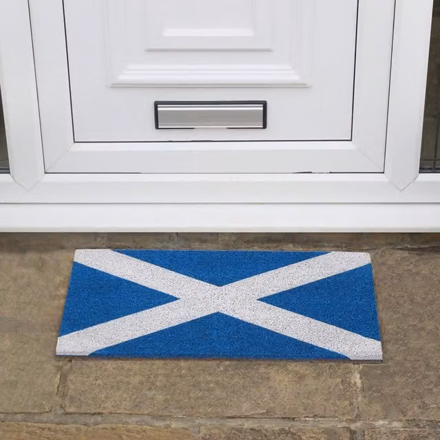 JVL Blue Rectangular Coir Door Mat with Graphic Design