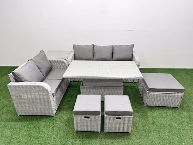 Fimous 8 Seater Grey PE Rattan Wicker Garden Furniture Set with Adjustable Lifting Dining or Coffee Table, 3 Seater Sofa, Love Seat and Ottoman