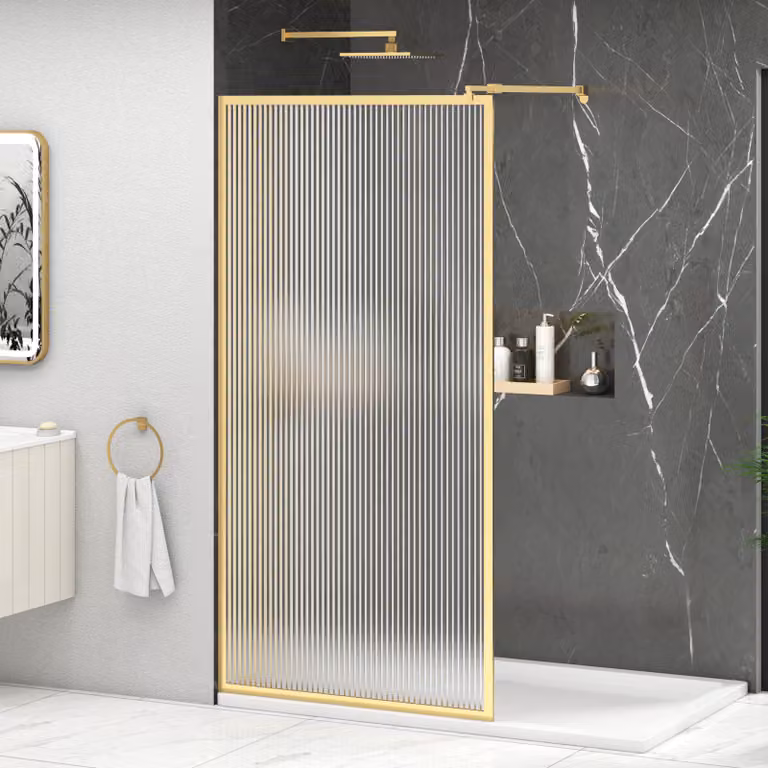 Luxor Walk-In Wet Room Fluted Shower Screen with Brushed Brass Frame, 8mm Easy Clean Glass, W: 76 cm, H: 195 cm