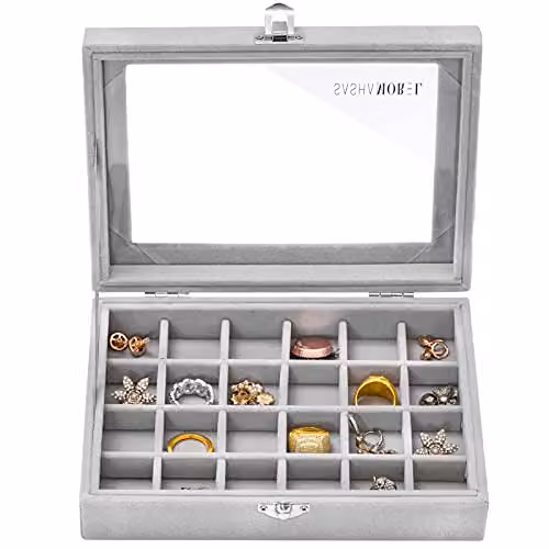 Sasha Morel 24 Slot Grey Velvet Jewellery Box with Glass Window and Lock – 1