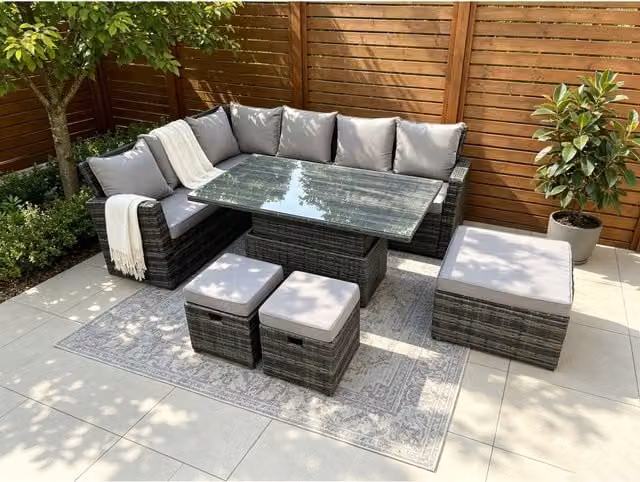 Fimous 9-Seater Rattan Corner Sofa Set with Height-Adjustable Rising Dining Table in Dark Grey Mixed