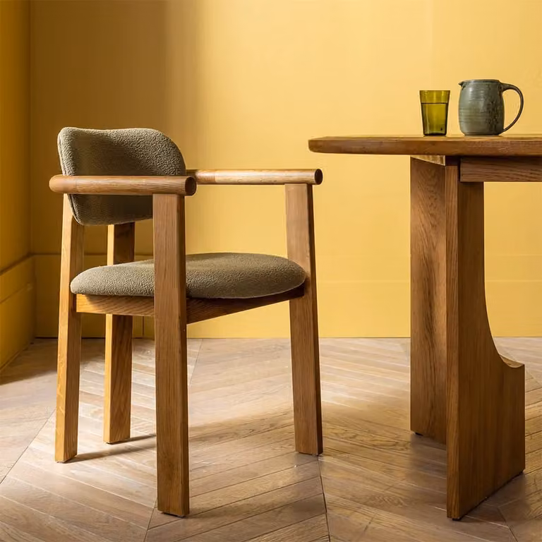Atkin & Thyme Cora Oak Dining Chair in Olive Green Bouclé