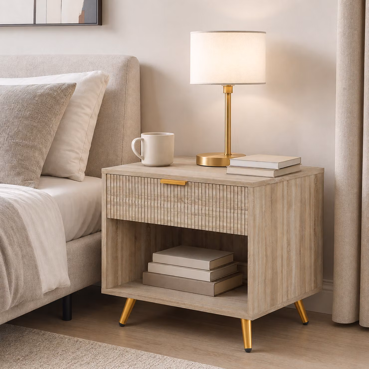 HOMCOM Modern Bedside Table with Drawer and Open Compartment in Brown, Gold and Beige Finish – 2