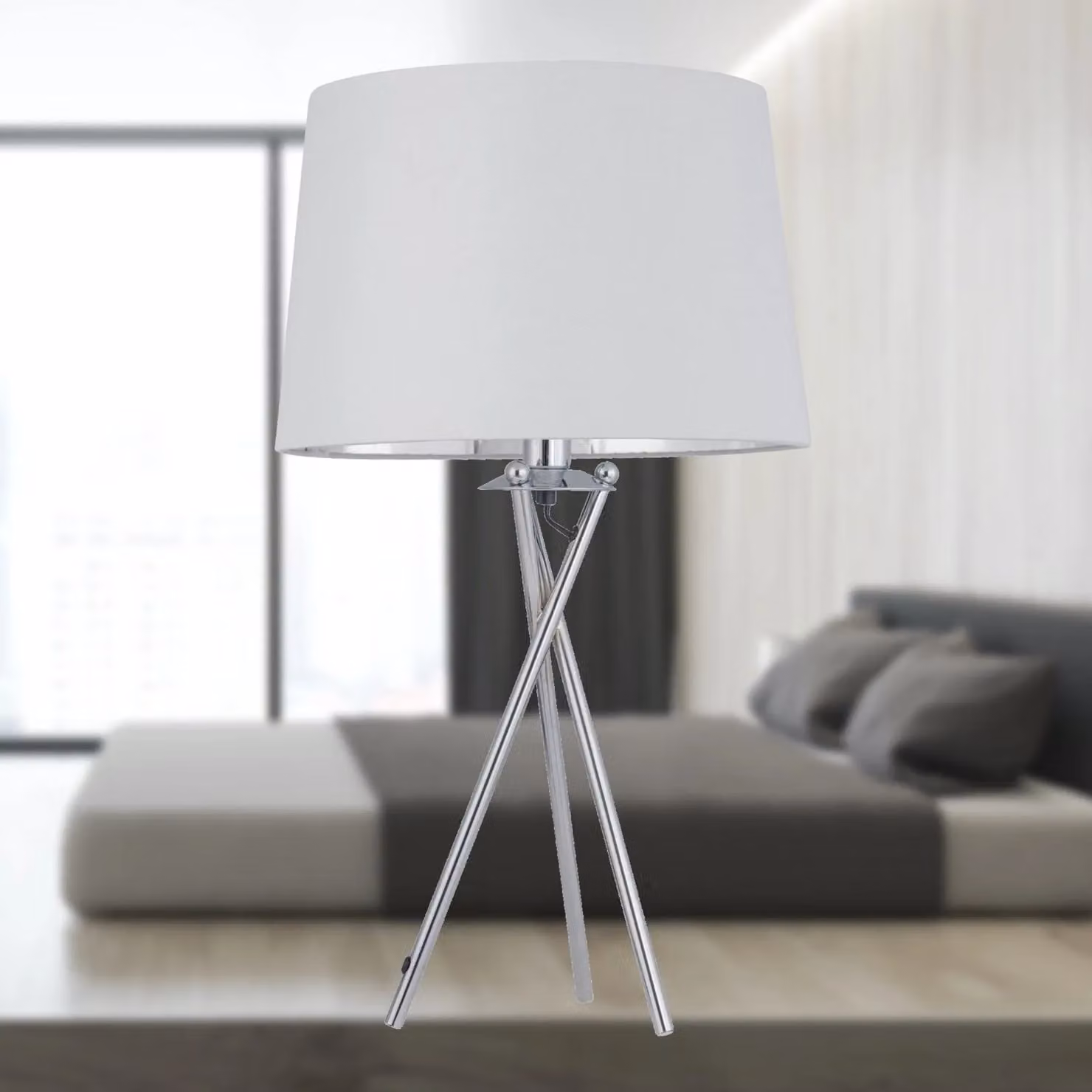 First Choice Lighting Set of 2 Chrome Tripod Lamps with White and Silver Fabric Shades – 2