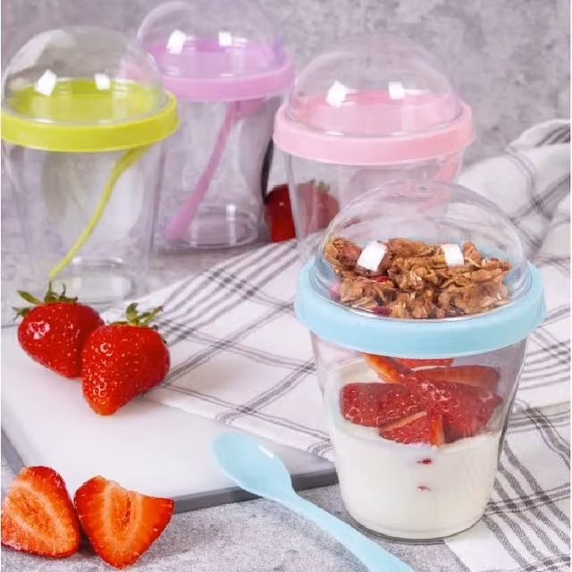 Coco&Gray 2 Pack Transparent Breakfast To Go Snack Pots with Spoons and Compartments, 350ml per pot
