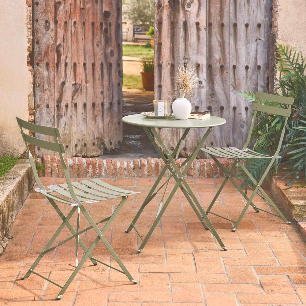 sweeek Round Folding Metal Bistro Garden Table and 2 Chairs Set in Matt Green, W/D/H: 60 x 60 x 71 cm – 2