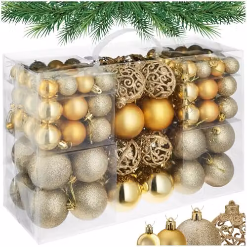 tectake 100-Pack Gold Christmas Baubles with Round Plastic Design for Hanging Ornaments – 2