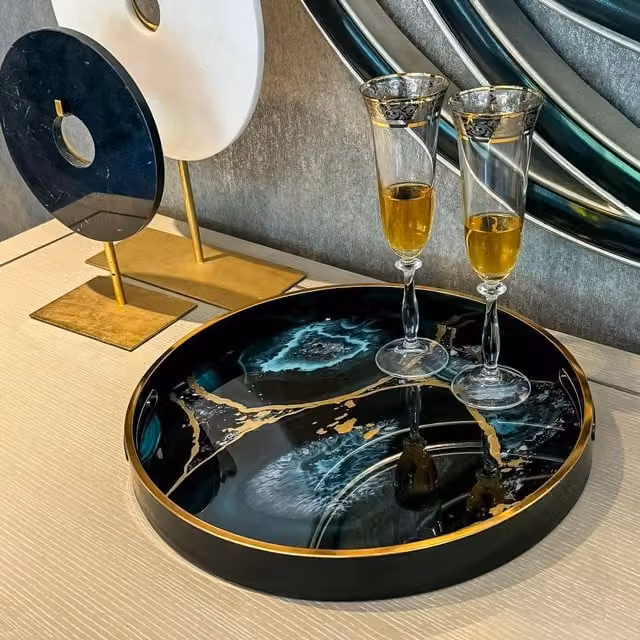 Maison Des Cadeaux Round Agate Theme Drinks Candle Tray in Black and Blue