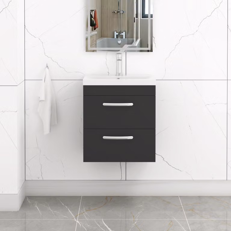 Royal Bathrooms Turin 500mm Matt Black Wall Hung Vanity Unit with 2 Drawers and Mid-Edge Basin