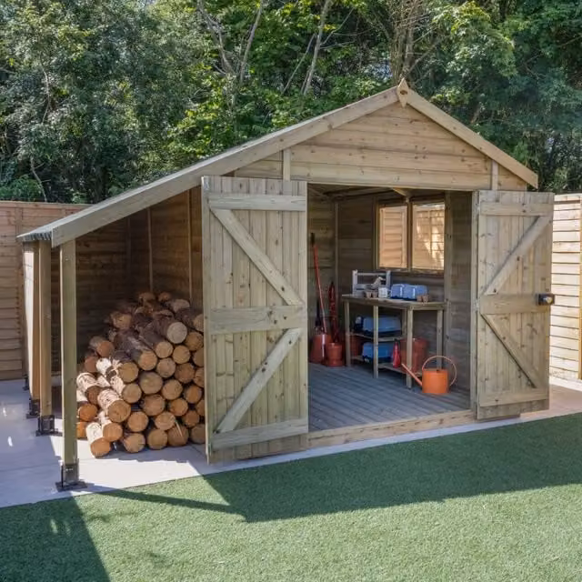 Forest Garden Apex Tongue and Groove Wooden Shed with Double Doors and Log Store, Brown, W: 304.8 cm x D: 240 cm x H: 225 cm