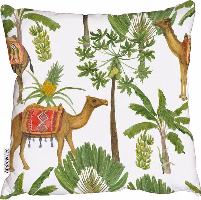 Andrew Lee Vintage Camel and Palm Tree Square Cushion, Green, W/D/H: 60 x 60 x 1 cm