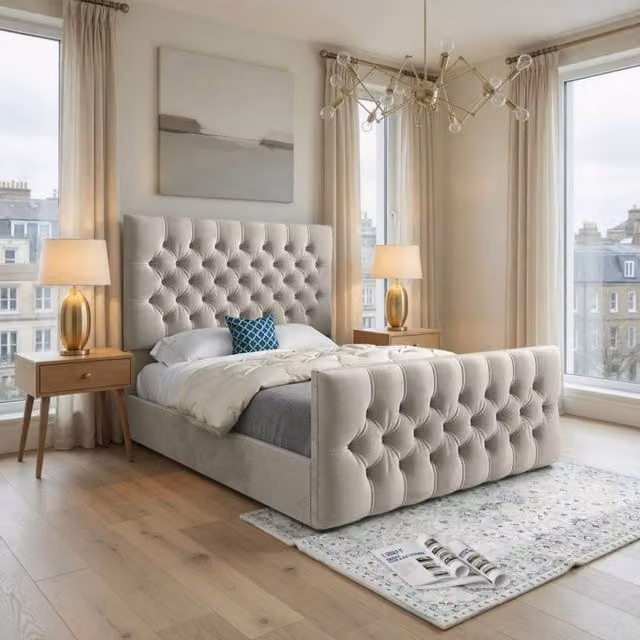 KDMD Rothwell Upholstered Chesterfield Bed Frame in Beige Velvet, Size: King (W/D/H: 180 x 137 x 159 cm) – 1