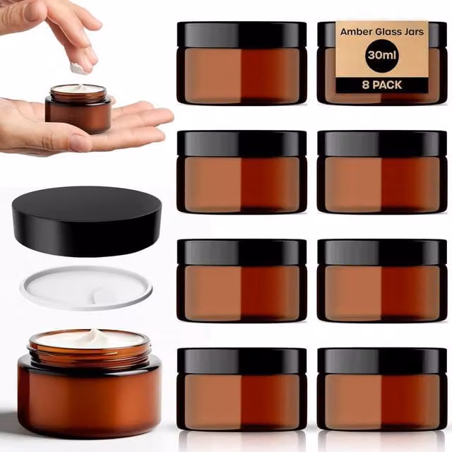 Volila 8-Pack Amber Glass Cosmetic Jars with Lids and Spatula, 30ml