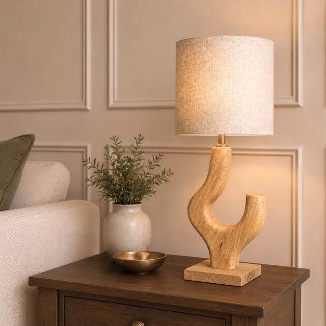 Elm Home And Garden Solid Wood Table Lamp with Beige Fabric Shade in Natural Brown Finish