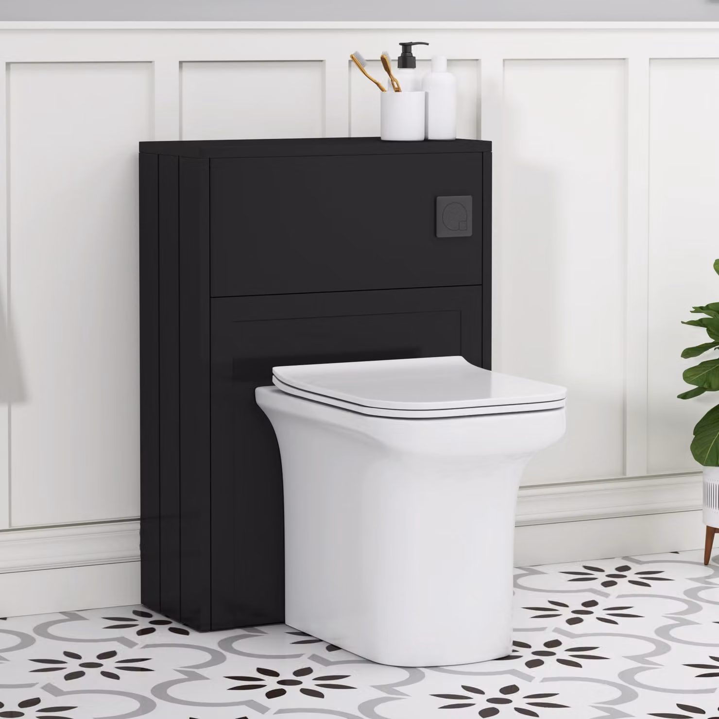 Royal Bathrooms Elmore Wall Mounted WC Unit in Matt Nocturne Black with Crosby Rimless Ceramic Toilet Pan, Seat and Cistern, Width: 55 cm