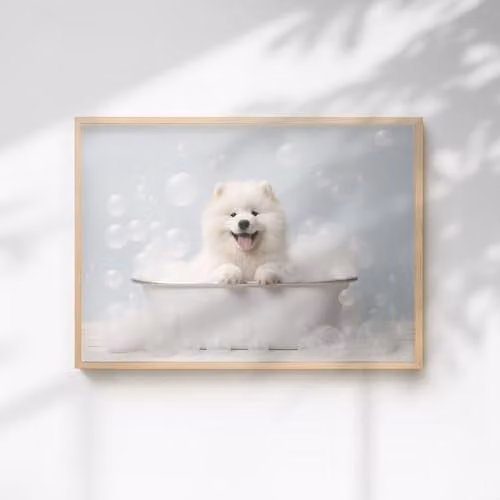 60 Second Makeover Samoyed In The Bath Quirky Animal Print Paper Poster, A3