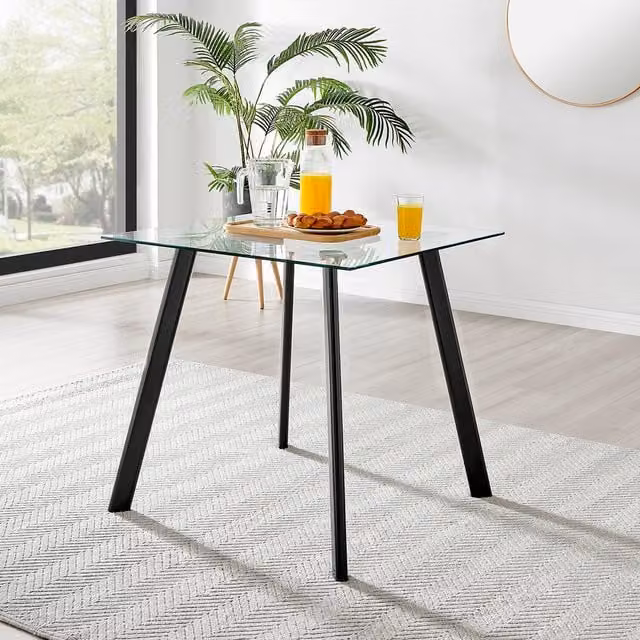 FurnitureboxUK Seattle 4 Seat Square Glass Dining Table with Black Legs and Transparent Top