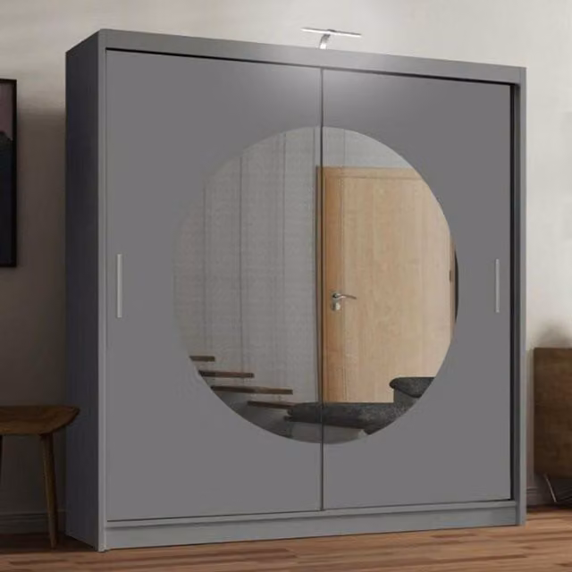 Sliding Wardrobes 4U Circle Mirror Sliding Door Wardrobe with LED Light in Grey, W/H: 203 x 217 cm
