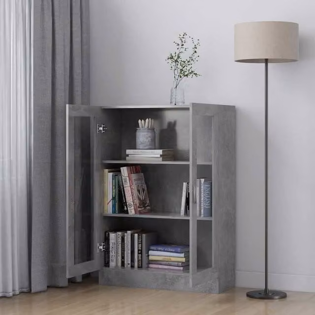 Berkfield Home Vitrine Cabinet in Concrete Grey with Glass Doors, W: 82.5 cm, D: 30.5 cm, H: 115 cm – 1