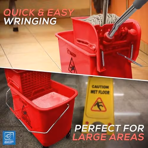 TDBS Kentucky Floor Mop and Bucket Set with Wringer and Refillable Head, Red and Yellow – 4