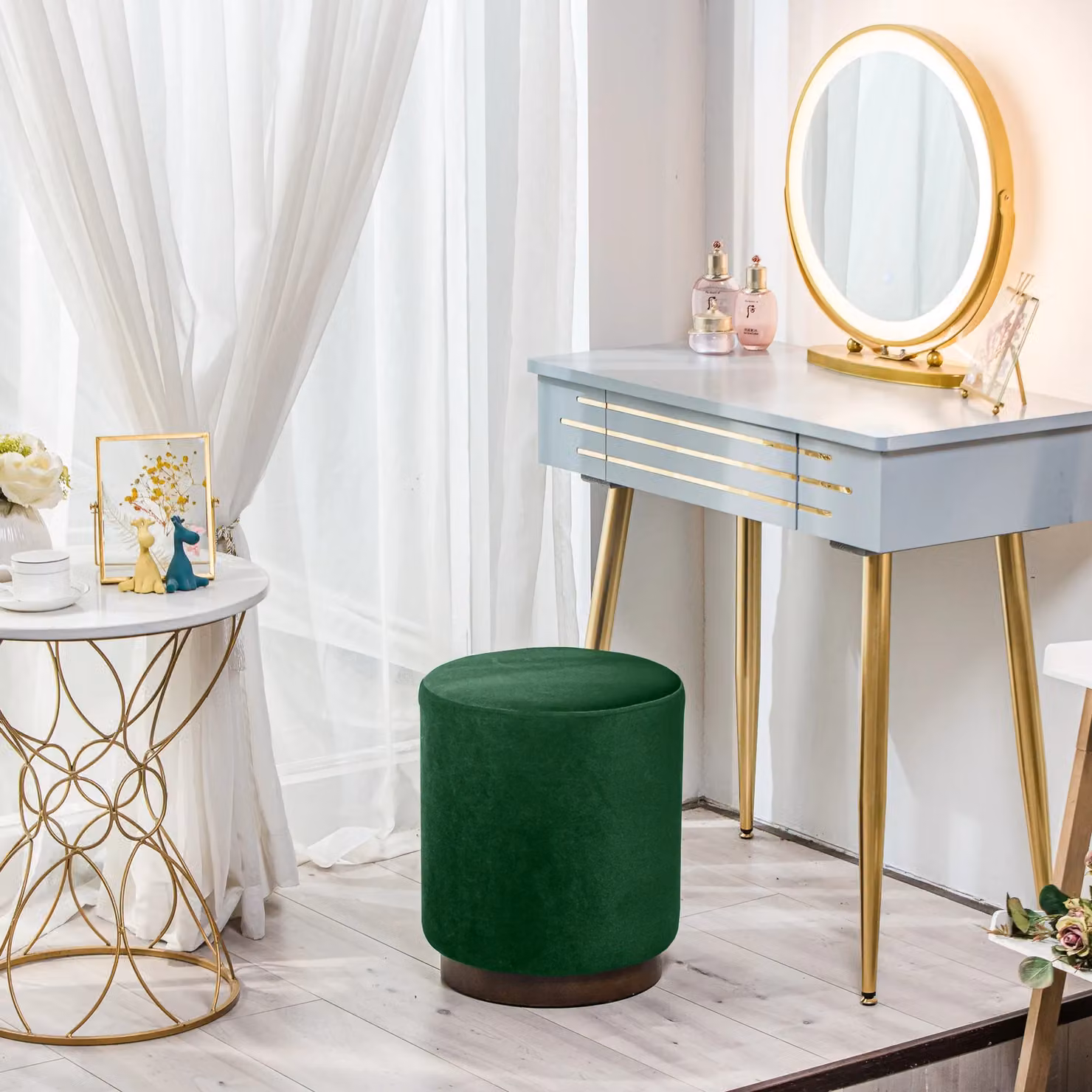 Nordlys Green Bouclé and Velvet Cylindrical Living Room Pouf with Brown Wooden Base – 2