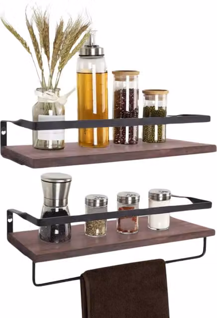 Pirlo Plush Industrial 2-Tier Brown Pine Wood and Metal Wall Mounted Floating Shelves with Hanging Rod