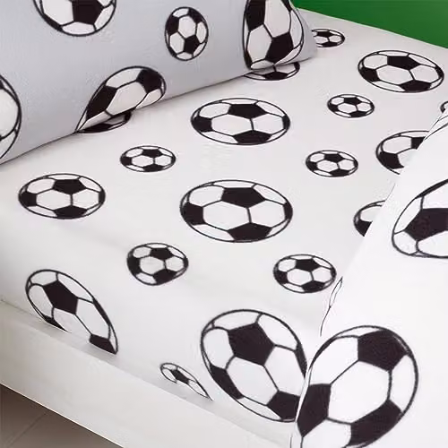 Catherine Lansfield Football Fleece Single Fitted Sheet, White, W/D/H: 90 x 190 cm