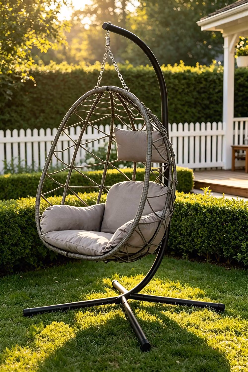 ExtraStar Grey Rattan Outdoor Egg Hanging Chair with Stand and Cushion – 3