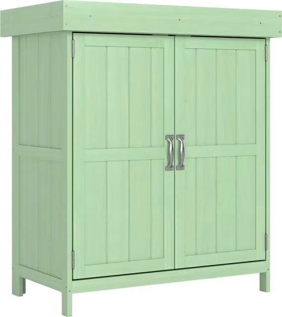 Outsunny Small Wooden Garden Shed with Double Doors, Removable Shelving and Roof Vent, Light Green, W: 74 cm, D: 43 cm, H: 88 cm – 1