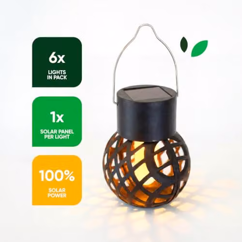 Gardenwize Set of 6 Solar Powered Hanging Dancing Flame Lantern Lights, Black, H 14cm x W 7cm x D 7cm – 6