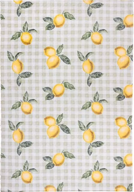 Fruits Lemons Striped Washable Indoor-Outdoor Rug in Sage Green and Yellow