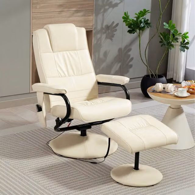 HOMCOM 10 Point Massage Swivel Recliner Chair with Ottoman in Cream White