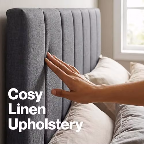 Levede Upholstered Fabric Bed Frame in Grey, W/D/H: 180 x 150 x 200 cm – 9